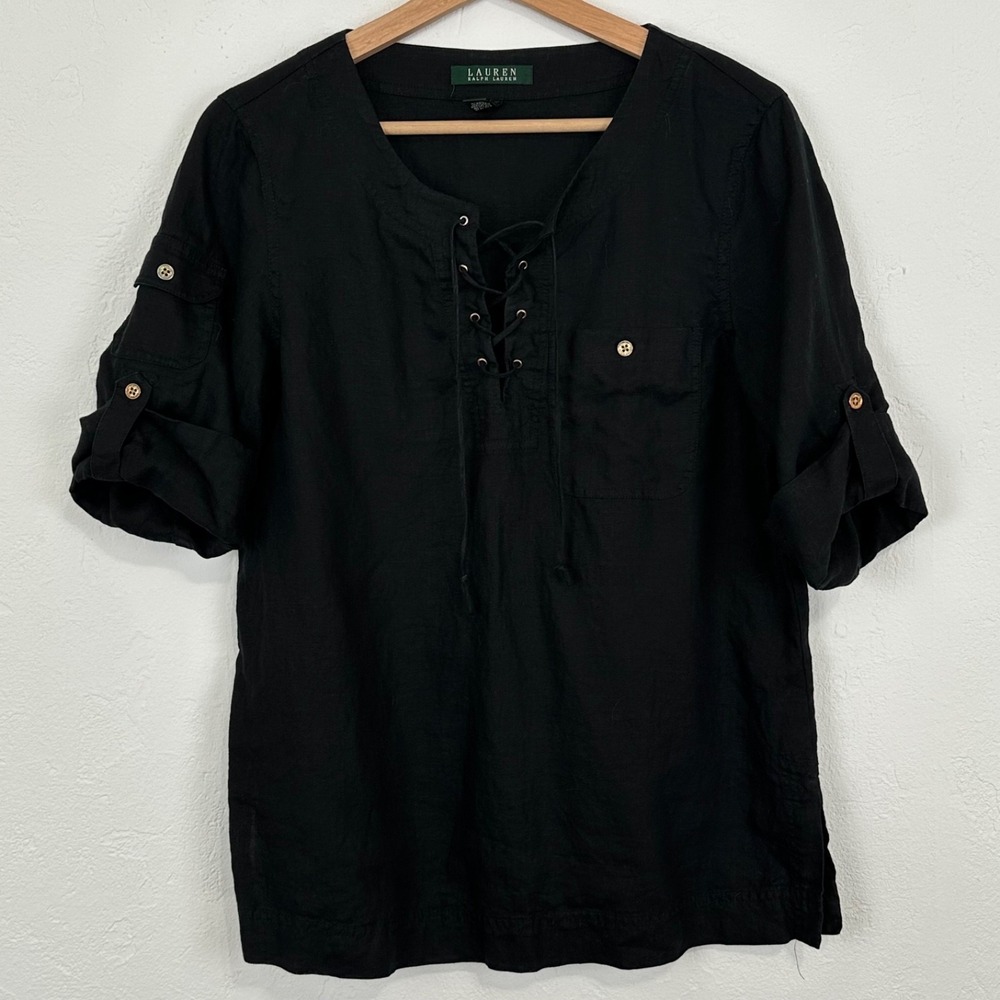 Lauren Ralph Lauren Women Linen Coastal Top Sz M Old Money Roll Tab Sleeve Black